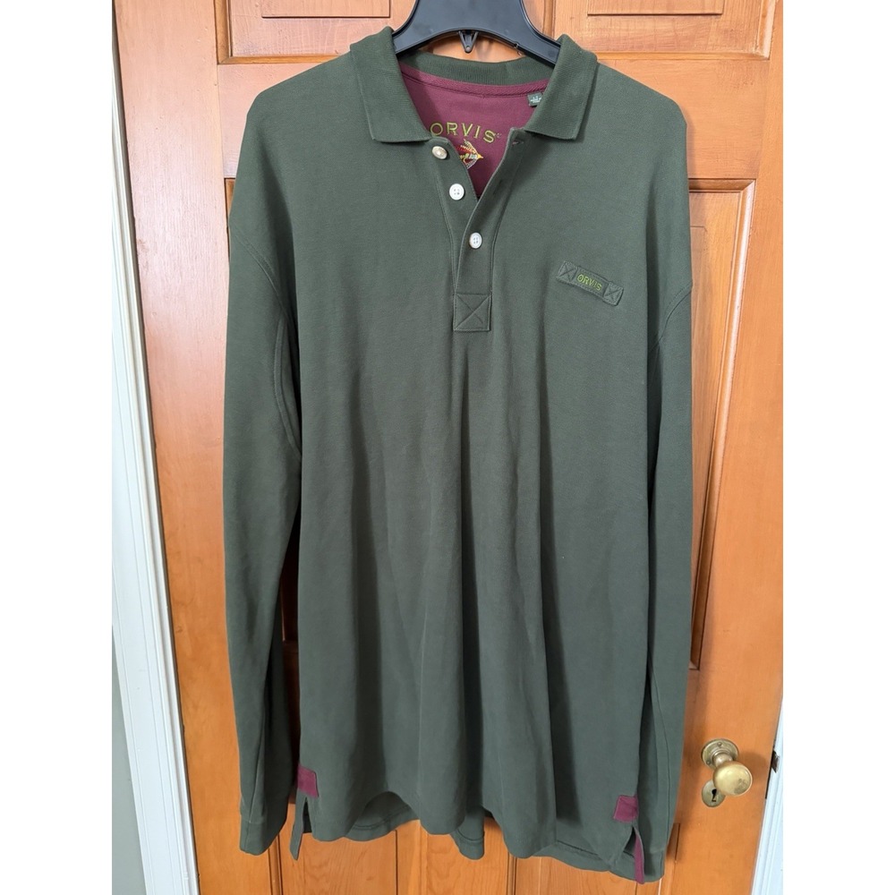 Men's Orvis Signature Long-Sleeved Polo Dark Green Size Large 100% Cotton